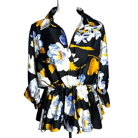 FAVORI Woman's Medium Black Blue Gold Floral Vintage‎ Satin Blouse Backless Top - Picture 1 of 8